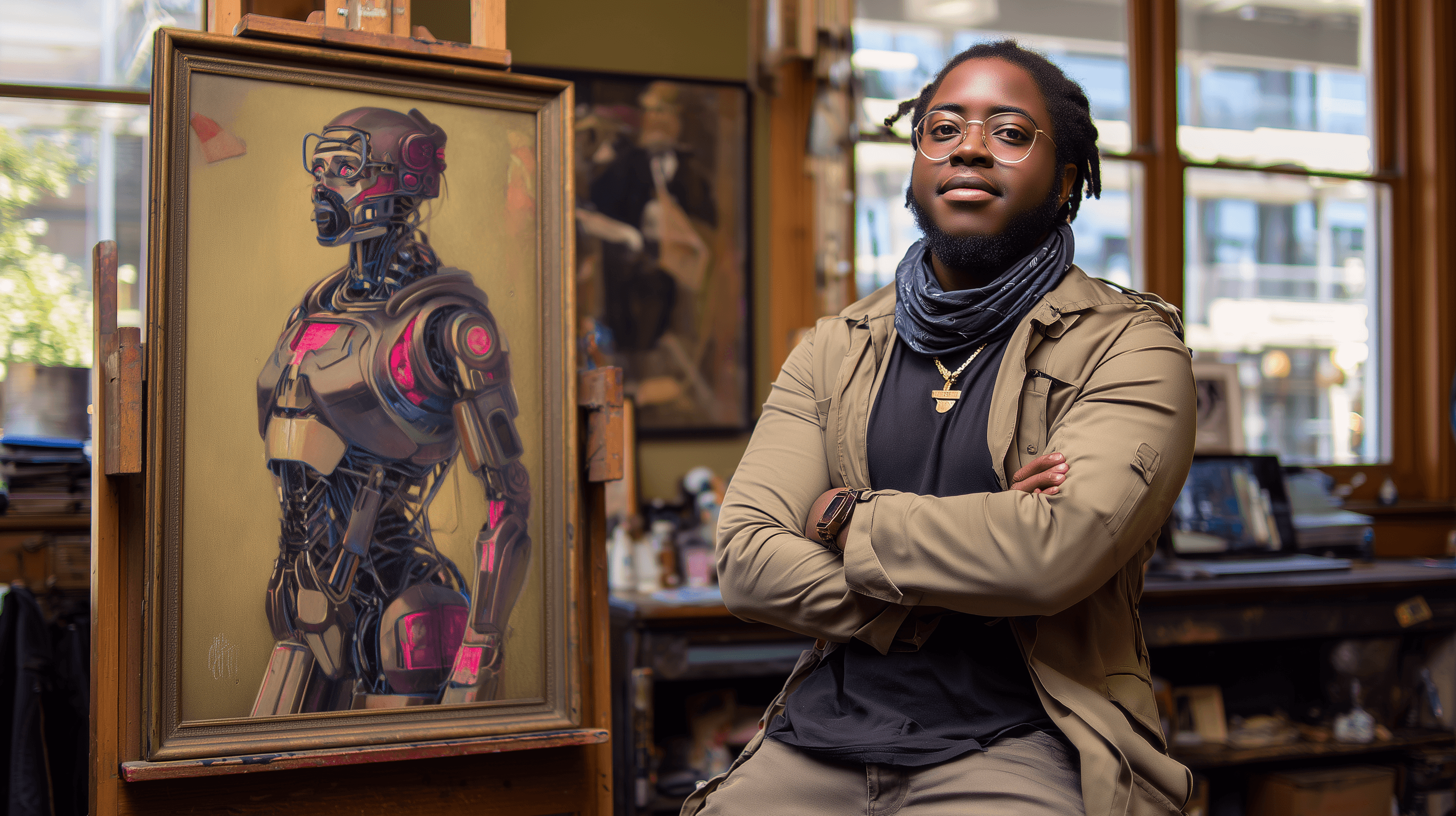 Artist with robot painting
