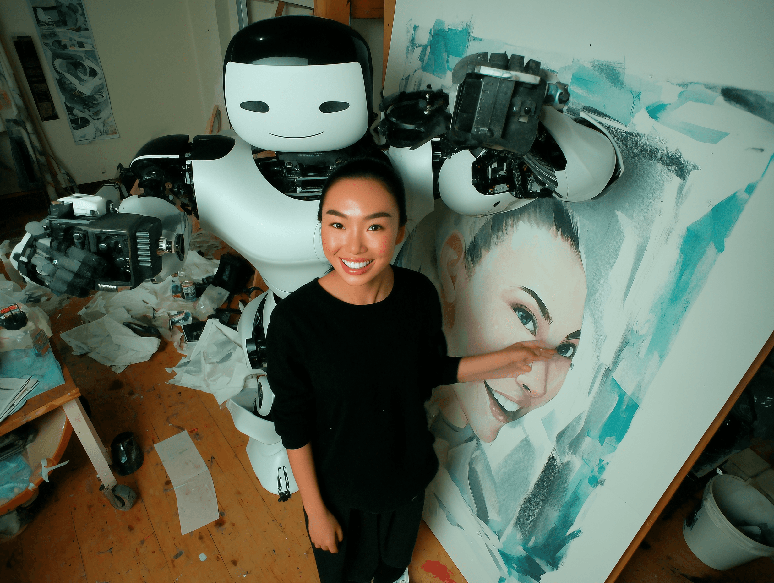 Artist and robot collaborating in studio